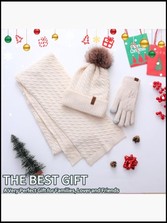 Winter Hat Scarf Gloves Set, Classic Cable Knit Beanie Removable Pom Pom main image 4